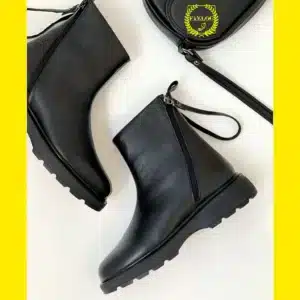 نیم بوت زنانه چرم مشکی اسپرت مدل دو زیپی مورب